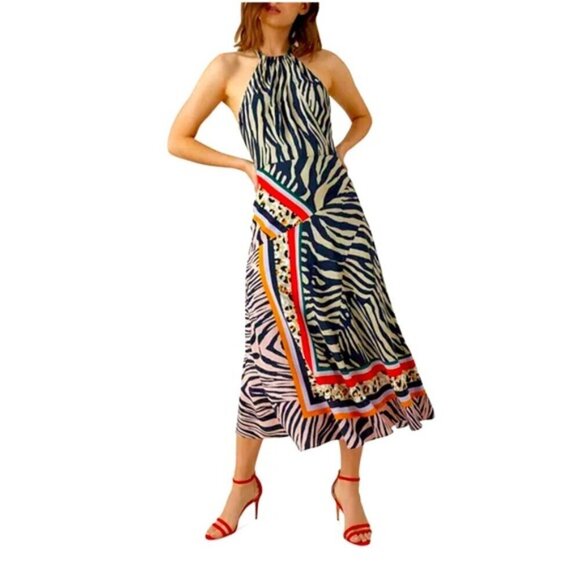 Karen Millen Zebra Scarf Print High Neck Midi Dress Navy Multi US Size 6 - Picture 1 of 14